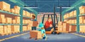 Warehouse with workers, forklift, robot and boxes Royalty Free Stock Photo