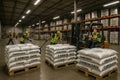 Warehouse workers handling CBAM labeled bags with embedded carbon data, ensuring compliance and emissions transparency in Royalty Free Stock Photo