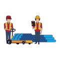 Warehouse workers with merchandise blue lines