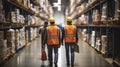 Warehouse Workers with Hardhats and Reflective Jackets Traverse the Aisles Flanked by Racks. Generative AI