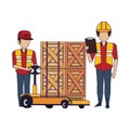 Warehouse workers with merchandise blue lines