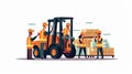 Warehouse workers in orange uniforms operate a forklift. AI-generated.