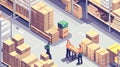 Warehouse workers pack grocery orders in a modern isometric setting with stacked boxes and an organized layout Royalty Free Stock Photo