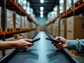 Warehouse Workers Scanning Barcodes with Handheld Devices on Conveyor Belt for Logistics Royalty Free Stock Photo