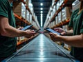 Warehouse Workers Scanning Barcodes with Handheld Devices on Conveyor Belt for Logistics Royalty Free Stock Photo