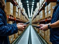 Warehouse Workers Scanning Barcodes with Handheld Devices on Conveyor Belt for Logistics Royalty Free Stock Photo