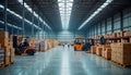 Warehouse workers sort, load freight orders. Forklifts move pallets of cardboard boxes. Employees efficiently organize stock.