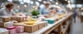 Warehouse workers sorting and packing various sized cardboard boxes on long tables in a busy distribution center with blurred Royalty Free Stock Photo
