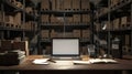 Warehouse workspace featuring wooden table, laptop, barcode scanner, and packaging supplies Royalty Free Stock Photo