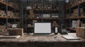 Warehouse workspace featuring wooden table, laptop, barcode scanner, and packaging supplies in focus Royalty Free Stock Photo