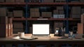 Warehouse workspace with wooden table, laptop, barcode scanner, and packaging supplies in dim light Royalty Free Stock Photo