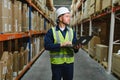 Warehouseman checking delivery, stock in warehouse on laptop. Warehouse manager using warehouse management software, app Royalty Free Stock Photo