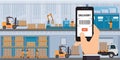 Warehousing and storage app on a smartphone with goods and boxes on shelves