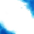 Warercolor style blue background with clouds and flying birds. Flying seaqulls, abstract watercolor background, blue