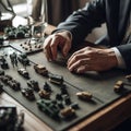 Warfare, strategy, planning, militarization, conquest, army, man at table playing with toy soldiers and tanks Royalty Free Stock Photo