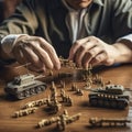 Warfare, strategy, planning, militarization, conquest, army, man at table playing with toy soldiers Royalty Free Stock Photo