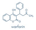 Warfarin anticoagulant drug molecule. Used in thrombosis and thromboembolism prevention. Skeletal formula.