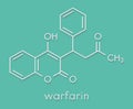 Warfarin anticoagulant drug molecule. Used in thrombosis and thromboembolism prevention. Skeletal formula.