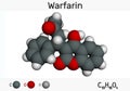 Warfarin, C19H16O4 molecule. Warfarin is an anticoagulant drug normally used to prevent blood clot formation. Molecular model Royalty Free Stock Photo