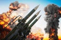 Warhead missiles and explosions in background. War concept. 3D rendered illustration Royalty Free Stock Photo