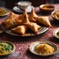 The warm ambience of a Middle Eastern style room sets the stage for close up photography capturing samosas served for an Iftar