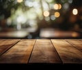 Warm ambient lighting over a rustic wooden tabletop in a cozy bar setting, inviting and warm. Royalty Free Stock Photo