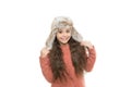 Warm apparel for cold weather. childhood happiness and joy. artificial fur fashion. happy little girl loves winter