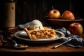 Warm apple pie with flaky buttery crust and scoop of ice cream. AI generated.