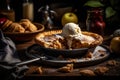 Warm apple pie with flaky buttery crust and scoop of ice cream. AI generated.