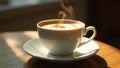 Warm aromatic coffee in a white cup on a wooden table in sunlight. Generative AI Royalty Free Stock Photo