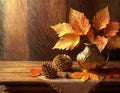 Warm autumn arrangement with leaves and pine cones on a wooden background