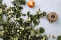 Warm autumn flatlay with apple branches, fruits and twine on grey