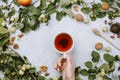 Warm autumn flatlay with apple branches, fruits, walnuts