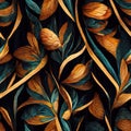 Warm autumn flower leaves in orange-brown and teal color, abstract seamless pattern, AI-generated. Royalty Free Stock Photo