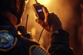 Silhouette of a policeman using a radio Royalty Free Stock Photo