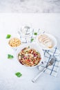 Warm backwheat pasta chicken vegetables salad with peanuts Royalty Free Stock Photo