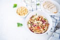 Warm backwheat pasta chicken vegetables salad with peanuts Royalty Free Stock Photo