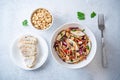 Warm backwheat pasta chicken vegetables salad with peanuts Royalty Free Stock Photo