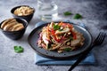 Warm backwheat pasta chicken vegetables salad with peanuts Royalty Free Stock Photo