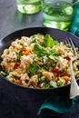 Warm barley salad with chicken and vegetables