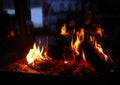 warm beautiful fireplace yellow color in the room winter time freeze outside