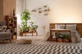 Warm bedroom interior with plants, shelves, striped rug, pouf, b