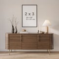 One empty frame mockup on contemporary interior in Japandi style with wood sideboard Royalty Free Stock Photo