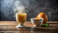 Warm beverage steaming in a footed cup alongside a halved egg in a bowl on a rustic wooden table. Generative AI Royalty Free Stock Photo