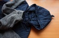 warm blue dark woolen Bolon jacket fabric texture background close-up Royalty Free Stock Photo