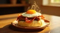 Warm breakfast sandwich with crispy bacon, juicy sausage, and sunny-side up egg. Generative AI Royalty Free Stock Photo
