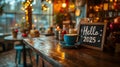 Warm Cafe Interior with a Cup of Coffee & Sign Saying Hello 2025 - Realistic Image Royalty Free Stock Photo
