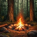 A warm campfire blazes in the center of a forest clearing, surrounded by a circle of Royalty Free Stock Photo
