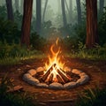 A warm campfire burns brightly in a forest clearing, surrounded by a circle of arranged Royalty Free Stock Photo