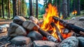 Warm Campfire in Forest Surrounded by Rocks at Dusk Royalty Free Stock Photo